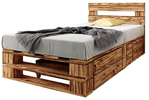 sunnypillow Palettenbett M2 aus Holz 90 x 200 cm - Hochwertiges Naturholz-Bettgestell mit Kopfteil und 2 geräumigen Bettkästen. Umweltfreundlich und stabil bis 500 kg, ideal für Senioren und Kinder.