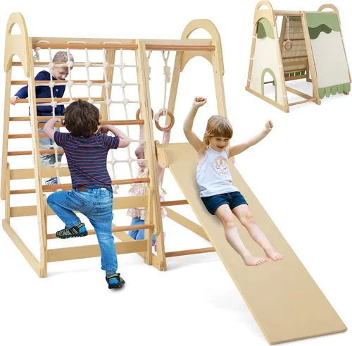 COSTWAY 6-in-1 Kletterspielzeug Set für Kinder - Multifunktionales Indoor-Klettergerüst mit Rutsche, Kletternetz, Turnringen und Zelt. Fördert spielerisch die motorische Entwicklung und bietet stundenlangen Spaß für Kinder ab 3 Jahren.