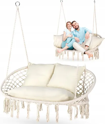 Outtec Hängesessel Beige – 2-Sitzer im Boho-Stil - Hängesessel für Garten und Balkon, ideal zum Entspannen mit Kissen und einer Belastbarkeit von bis zu 200 kg. Trendiger Boho-Stil mit hochwertiger Verarbeitung und langlebigen Materialien.