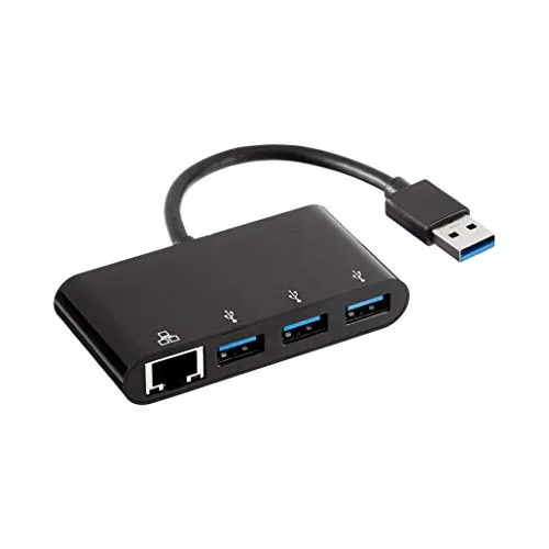 Amazon Basics USB-3.0-Adapter mit 3 x Ports und RJ45 - Praktischer USB-3.0-Adapter mit 3 USB-Ports und 1 Gigabit-Ethernet-Port für schnelle Datenübertragung. Ideal zum Anschluss mehrerer Geräte an PC oder Laptop, kompakt und reisefreundlich.