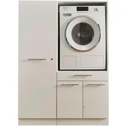 Xxxl Hauswirtschaftsraum Laundreezy - Weißer Waschmaschinenschrank mit Stauraum - Buffets - Perfekt für eine organisierte Waschküche mit ausziehbarer Abstellfläche und 120 kg Belastbarkeit für Waschmaschine und Trockner.