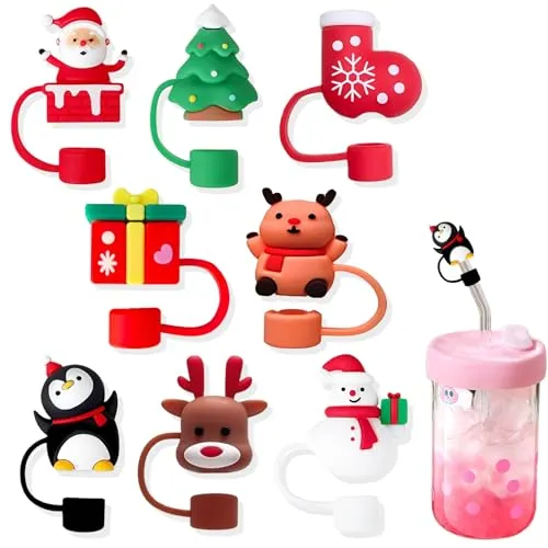 Stück Strohhalm Zubehör für Stanley Cup Weihnachten,10mm Staubdichte Strohhalm Abdeckung Kompatibel Weihnachts Silikonmaterial Strohhalme Wiederverwendbare,3D Silikon Strohdeckel für Weihnachten 8