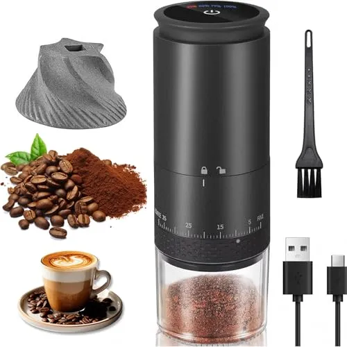 YGVQN Kaffeemühle Elektrisch, USB Wiederaufladbare Tragbare Kaffemühle, Konische Mühle für Espresso mit LED-Display, Ideal für Zuhause, Büro, Camping & Reisen (Schwarz, L)