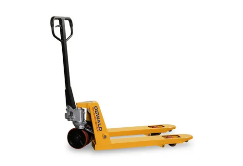 OSWALD HU8S Gabelhubwagen - Manueller Hubwagen mit 800 mm Gabellänge, 2.500 kg Tragkraft und speziellen Führungsrollen für einfaches Handling und hohe Stabilität.