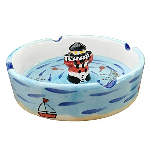 Windaschenbecher Küste Keramik Maritim Boot Leuchtturm Wind Becher Ascher Meer Nordsee Deko Aschenbecher (LT 12cm)
