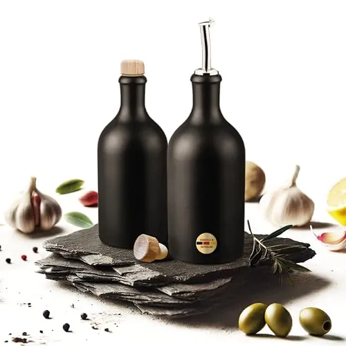 Veluxis Öl & Essig Flaschen-Set 500ml - Ölflaschen-Set aus Feinsteinzeug mit tropffreiem Ausgießer, ideal für Küche und als Geschenk für Hobbyköche. Hergestellt in Deutschland, 100% UV-Schutz und lebensmittelecht.