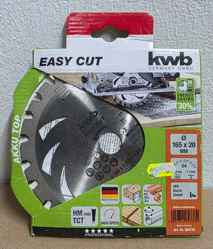 Kwb 584738 Hartmetall Kreissägeblatt 165 mm - Kreissägeblatt mit 24 Zähnen, hartmetallbestückt für präzise Schnitte, ideal für Akku-Handkreissägen und kabelgebundene Maschinen. Asymmetrische Zahnteilung reduziert Lärm um 30 %.