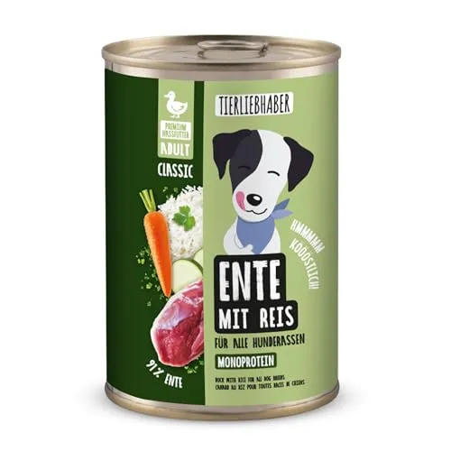TIERLIEBHABER – Hundefutter Nass 400g Ente mit Reis – Von Tierärzten entwickelt – Nassfutter Hund mit 91% Fleischanteil – Dog Food als Hundenassfutter 400g Dosen