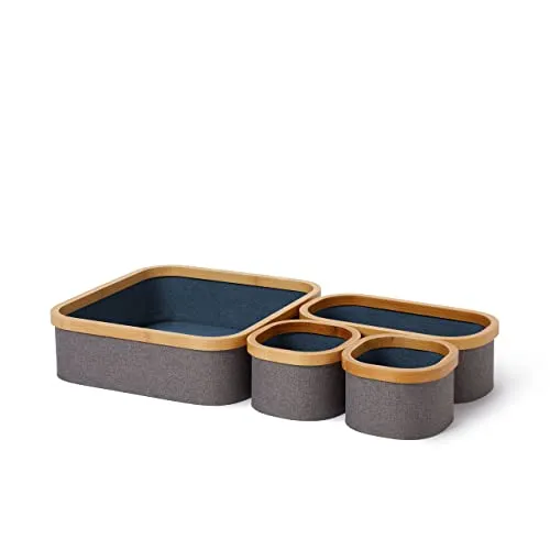 Lumaland Bambus-Rahmen Aufbewahrungsbox 4er Set | Stilvolle Aufbewahrungslösungen in Grau/Blau - Praktisches 4er Set Aufbewahrungsboxen mit eleganten Bambus-Rahmen. Ideal für die ordentliche Organisation im Zuhause. Maße: 30 x 30 x 10 cm, 29,9 x 14,8 x 10 cm, zwei Stück 14,8 x 14,8 x 10 cm.