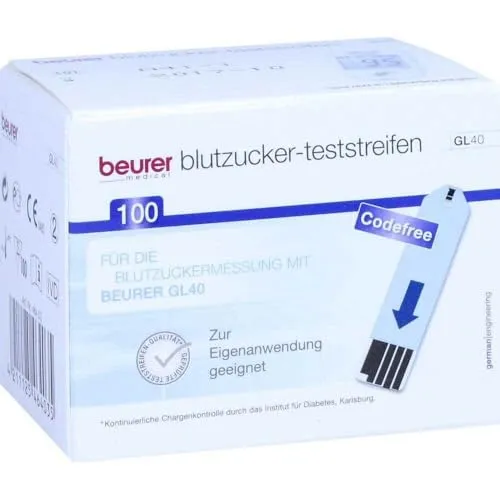 Beurer GL 40 Blutzuckerteststreifen 100 ST - Blutzuckermessgeräte: 100 geprüfte Teststreifen für GL 40, codefree und mit minimaler Blutmenge von 0,6 μl, ideal für eine einfache und zuverlässige Eigenanwendung.
