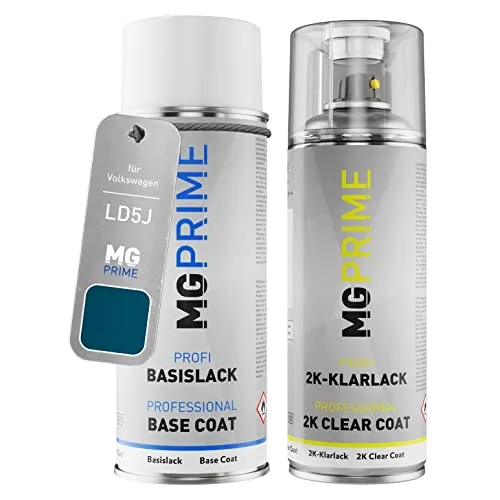 MG PRIME Autolack 2K Spraydosen Set für Volkswagen VW LD5J / D5J / F9 Carribean Blue Metallic Basislack 2 Komponenten Klarlack Sprühdose
