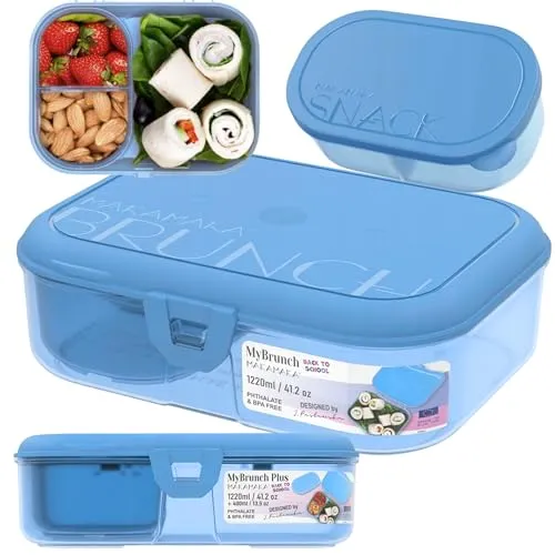 MAKAMAKA Bento Box Brotdose Kinder 1220 ml + 400 ml Blau – BPA-freie Snackbox mit Fächern, Mikrowellen- und Spülmaschinenfest- Brotdose Erwachsene, Lunchbox ideal für Schule Büro Picknick