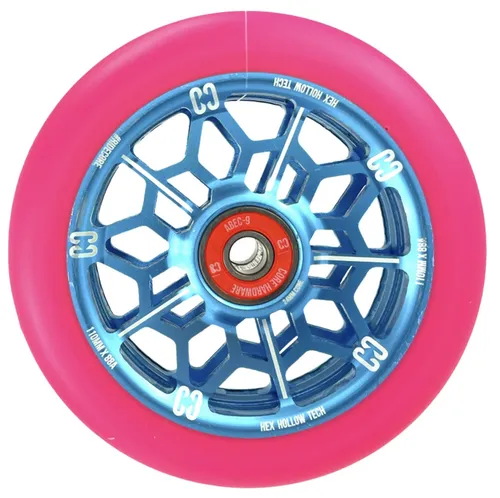 Core Hex Hollow Stunt-Scooter Rolle 110mm Hellblau/PU Pink - Kinderroller mit leichtem Hex-Hollowcore aus Aluminium 6061, ideal für Skatepark und Street-Fahren. Mit ABEC-9 Kugellager für optimale Geschwindigkeit und Stabilität.