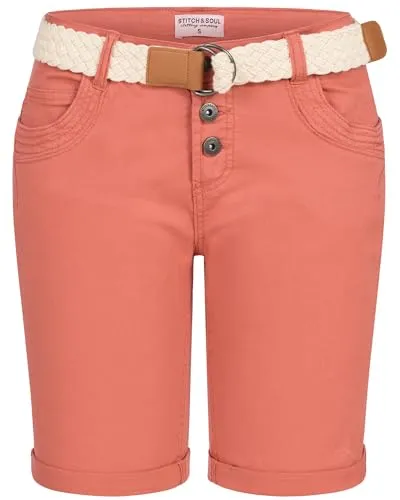 Stitch & Soul Damen Short Bermuda Kurze Hose Sommer Chino Stoff Hose mit Gürtel Neu, Hosengröße:XXL / 44, Farbe:Rosa