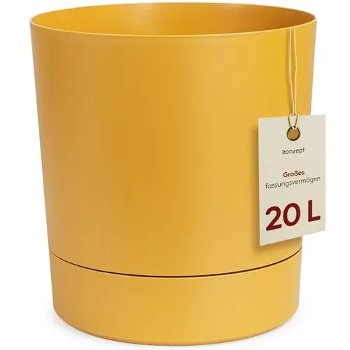 KONZEPT Blumentopf mit Untersetzer 32,5 cm - großer Übertopf aus Kunststoff für Zimmerpflanzen, modern und wetterfest, für Innen und Außen, Gelb