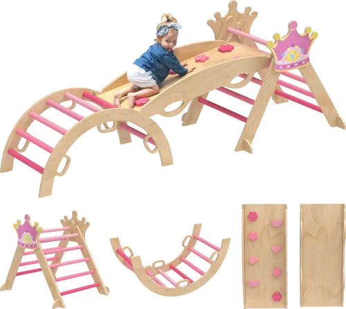 AIYAPLAY 8-in-1 Montessori Klettergerüst Indoor Holz Kletterdreieck mit Kletterbogen, Rutsche, Kronenmotiv, Indoor Spielplatz mit Rampe, Schaukelbogen, für Kinder von 1,5-4 Jahre, Rosa