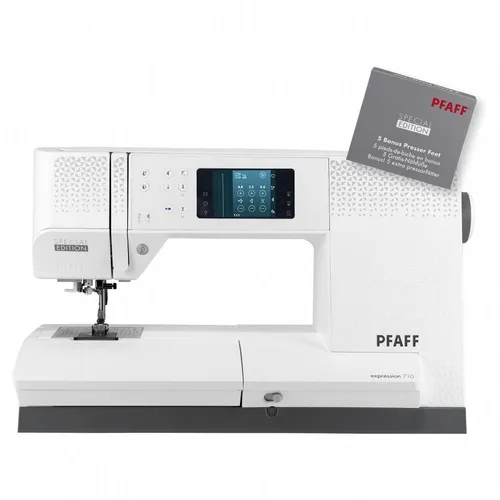 Pfaff expression 710 Special Edition - Hochwertige Nähmaschine für alle Nählevel mit 245 Stichen, integriertem Dualtransport und großem Farb-Touchscreen. Ideal für kreative Projekte und präzises Arbeiten.