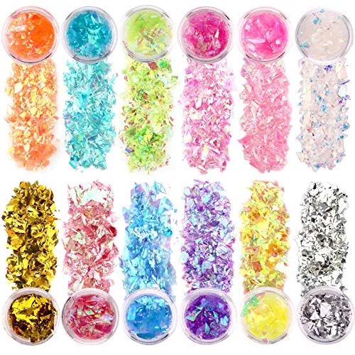 SAVITA 12 Farben Schillernde Glitzerflocken Holographische Nagelpailletten Chunky Glitter Unregelmäßiger Harz Epoxidfarbe Art Craft Festival Kosmetischer Körper Glitter