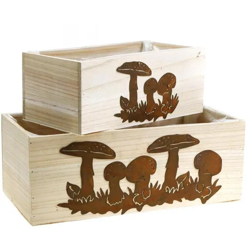 Pflanzkasten-Set Holzkisten mit Pilzen im Vintage-Design - Herbstliches Pflanzkasten-Set aus natürlichem Holz mit nostalgischem Charme. Ideal für kreative Dekoration und vielseitige Einsatzmöglichkeiten.