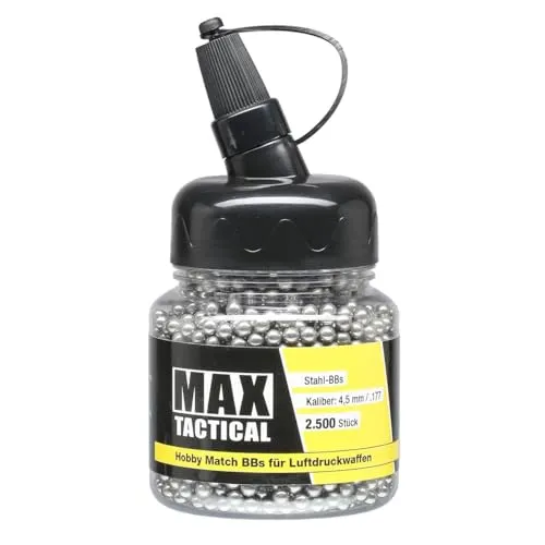 Max Tactical Stahlkugeln Kaliber BBS 4,5 mm – Munition Rundkugeln für CO2 Luftpistole & Luftgewehr – druckwaffen Stahlrundkugeln mit Schnelllader Flasche (2500 Kugeln Stahl)