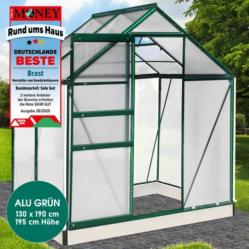 BRAST® Gewächshaus Aluminium mit Fundament - 130x190x195cm - Wetterfestes Alu-Gewächshaus 130x190x195cm, rostfrei und langlebig mit einfacher Montage, ideal für Hobbygärtner.