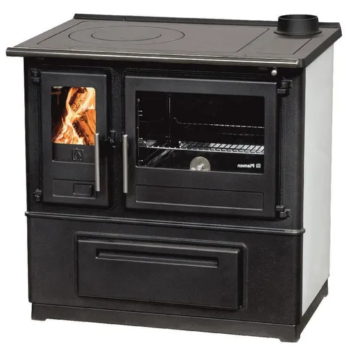 EEK A+ Küchenofen Holzherd Plamen Slavonac N weiß - 8 kW, rechte Version - Öfen mit Energieeffizienzklasse A+, ideal für umweltbewusste Haushalte. Hochwertiger Gusseisen-Holzherd mit 83,7% Wirkungsgrad für effiziente Wärmeleistung.