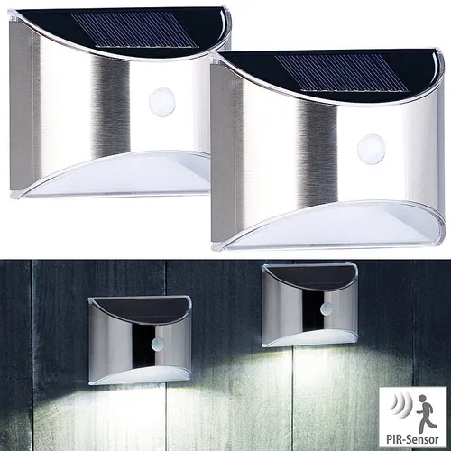 Lunartec 2er-Set Solar-LED-Wandleuchte mit PIR-Sensor, Edelstahl, 20 lm, IP44