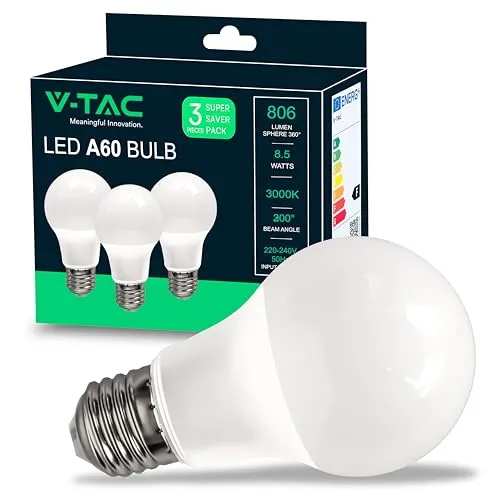 V-TAC 3x LED Glühbirne E27 8,5W (entspricht 60W) A60-806Lumen - LED Lampe 3000K Warmweiß - LED Glühlampen - Energiesparlampe - 3er Pack