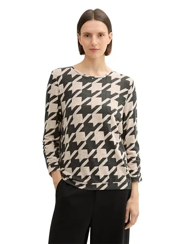 TOM TAILOR Damen Longsleeve mit Raffarm - Classic Houndstooth Design, XL - Blusen & Tuniken für Damen, gemustertes Langarmshirt mit gerafften Ärmeln aus besonders weichem, leicht aufgerautem Stoff für optimalen Tragekomfort.