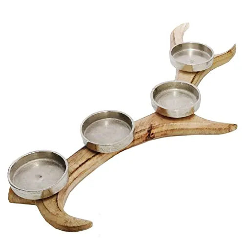 Mango Advents Kerzenhalter GEWEIH - 56 cm - Holz Kerzenständer mit Aluminiumhalter - Weihnachten Winter Deko Kerzen Leuchter Halter Ständer