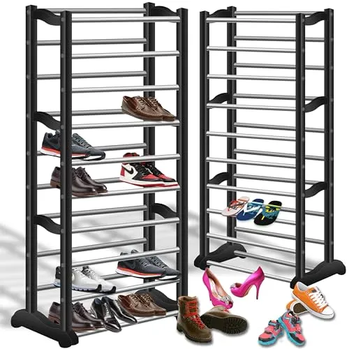 Retoo Schuhregal mit 10 Ebenen Schuhaufbewahrung Schuh-Organizer für 30 Paar Schuhe Offener Schuhschrank Hoch Schuhständer Stapelbar für Flur für High Heels Sportschuhe 140 x 50 x 24,5cm Schwarz