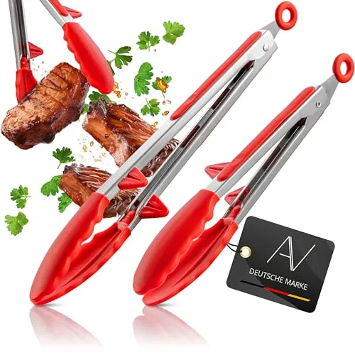 AVANA Küchenzange Edelstahl Kochzange mit integriertem Standfuß Silikon Grillzange Hitzebeständig Zange Mehrzweckzange - 2er Set Rot