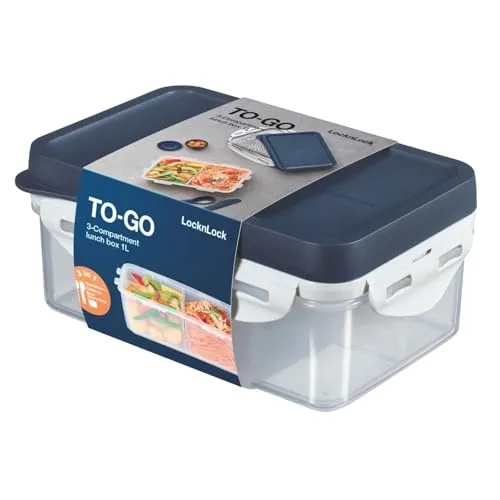 LocknLock TO GO Lunchbox mit Fächern 1L, Bento Box Erwachsene mit 3 Fächern, Messer & Gabel & Saucenbecher, luft- und wasserdichte Meal Prep Box, Spülmaschinen-& Mikrowellengeeignet, BPA-Frei