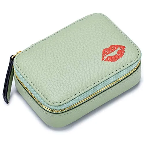 Aileder Mini-Lippenstift-Etui mit Spiegel, echtes Leder, kleine Reise-Make-up-Kosmetiktasche, Aufbewahrungstasche für Frauen und Mädchen, Mintgrün