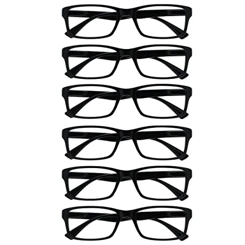OPULIZE PEP Lesebrille für Damen und Herren - 6er Pack- Große Rechteckige Brille - Komfortable Federscharniere - Kratzfest - Schwarz +2.50
