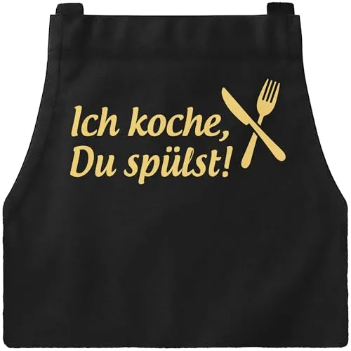 MoonWorks® Kochschürze Grill-Schürze für Männer lustig mit Spruch Ich koche du spülst Baumwollschürze schwarz-gold Herren