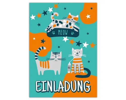 JUNAPACK Einladungskarten Katzen Einladungen zum Kindergeburtstag Katze Karten Mädchen blau, Einladungskarten mit Katzen zum Kindergeburtstag