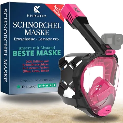 Khroom Schnorchelmaske Erwachsene Vollmaske | Unsere Beste CO2 sichere Tauchermaske Seaview Pro zum Schnorcheln | Tauchmaske Vollgesichtsmaske | Fullface Tauchermaske (S/M, Rosa)