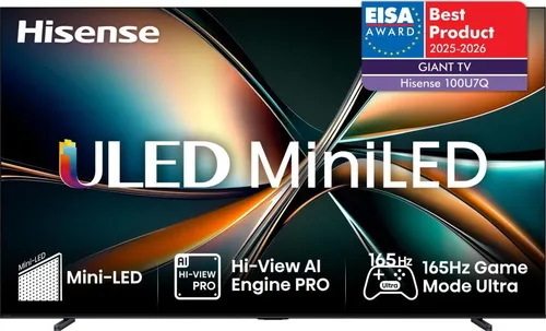 Hisense 100U7Q QLED Mini LED-Fernseher 100 Zoll - Fernseher mit beeindruckendem 4K Ultra HD Bild, Mini-LED Hintergrundbeleuchtung und 165Hz Game Mode für ein unvergleichliches Spielvergnügen.