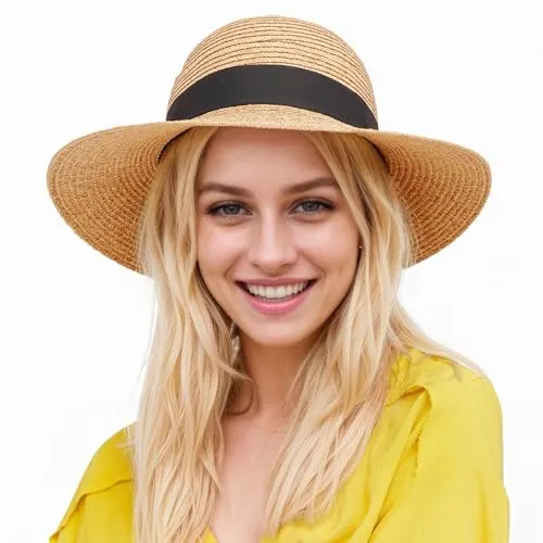 SEFIRST Damen Sonnenhut UV-Schutz Strandhut Faltbar Sommerhut UPF 50+ Strohhut mit Breite Krempe, Sommerhut Verstellbare Strohhut für Mädchen, Panamahut für Strand, Garten, Pool, Park, Khaki