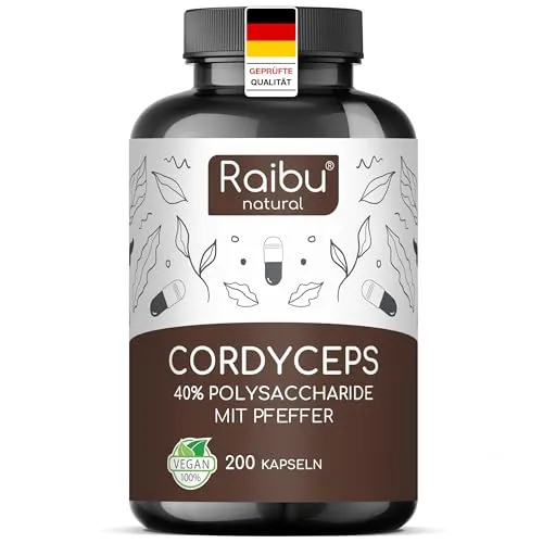 Raibu Cordyceps Kapseln - 200 Kapseln - 21000 mg Pilz-Extrakt pro Tagesdosis (10:1) - 40% Polysaccharide - Cordyceps Sinensis mit schwarzem Pfeffer