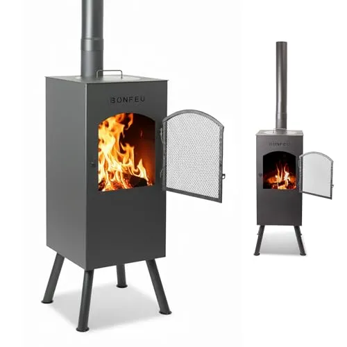BonFeu BonCarré Schwarz - Terrassenofen mit Grillrost - Gartenofen aus hochwertigem Cortenstahl, ideal für entspannte Abende und Grillvergnügen im Freien. Inklusive Funkenschutz und Wok-Ring für vielseitige Nutzung.