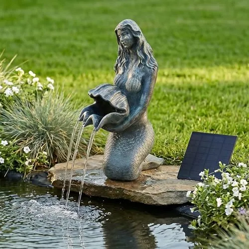 Arnusa Solar Wasserspeier Meerjungfrau mit Pumpe – 27 cm Teichdekoration - Dekorativer Solar Wasserspeier in Kupfer-Bronze-Optik für Ihren Gartenteich. Genießen Sie das entspannende Plätschern des Wassers, ganz ohne Stromanschluss. Ideal für eine stimmungsvolle Teichgestaltung.