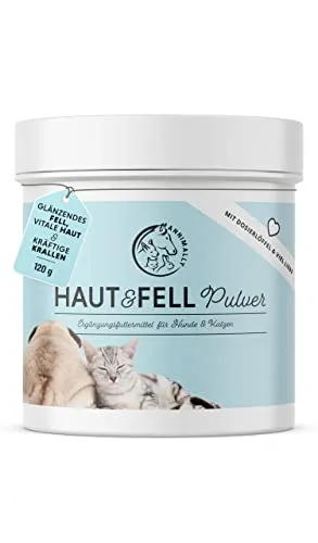 Annimally Haut & Fell Pulver für Hunde und Katzen I Pulver Komplex mit Bierhefe, Biotin, Zink, Ölen und Spirulina I Ideale Ergänzung bei Haarverlust beim Hund, Fellwechsel
