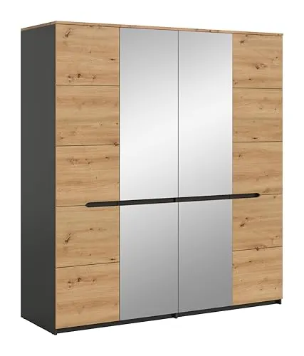 Canu Kleiderschrank 2 Türen mit Spiegel in Grau und Eiche Nachbildung - Moderner Kleiderschrank mit 2 Holztüren und 2 Spiegeltüren, bietet viel Stauraum mit 4 Böden und 2 Kleiderstangen. Ideal für dein Schlafzimmer – einfach zu montieren und erweiterbar.