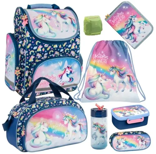 Familando Mädchen Schulranzen-Set Unicorn Einhorn Regenbogen - Schultaschen-Set für die 1. Klasse mit ergonomischem Tornister, nur 1.010 Gramm leicht und inkl. Federmappe, Sporttasche und Sicherheits-Hülle für optimale Sichtbarkeit.