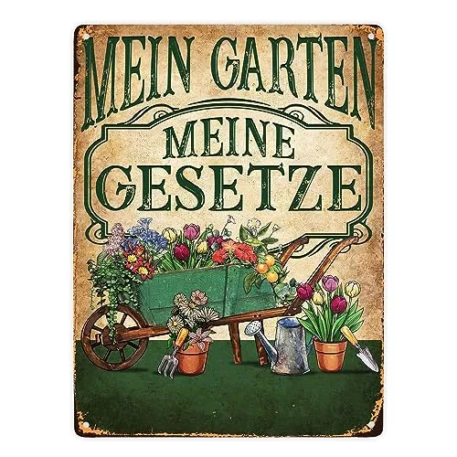Mein Garten Meine Gesetze Metallschild XXL in 28x38 cm mit Blumenwagen ein dekoratives Blechschild für Gartenfreunde Garten Hütte Gartenhaus Gärtner gärtnern