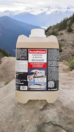 CleanPrince Caravan und Boot Reinigungsmittel Konzentrat - Allzweckreiniger für Wohnmobile und Boote, 5 Liter Hochkonzentrat für bis zu 35 Liter Lösung. Entfernt mühelos hartnäckige Verschmutzungen und hinterlässt strahlenden Glanz auf allen Oberflächen.