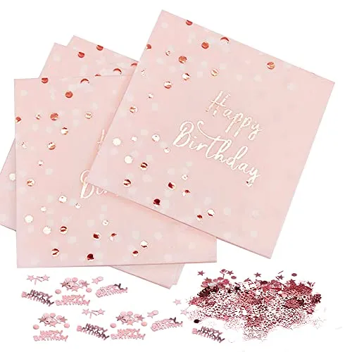 Stück Servietten Geburtstag Rosegold, Happy Birthday Servietten Rosa, Geburtstagsservietten Rosegold 33x33cm Servietten Geburtstag für Frau Mädchen Geburtstag Party Deko 32