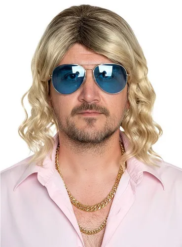 Metamorph 80er Jahre Vokuhila-Perücke Blond-Braun - Authentische 80er Jahre Föhnwellen-Perücke im mittig gescheitelten Vokuhila-Stil, perfekt für Softrocker! Dicht geknüpftes Kunsthaar auf elastischem Netz, Einheitsgröße für Erwachsene.